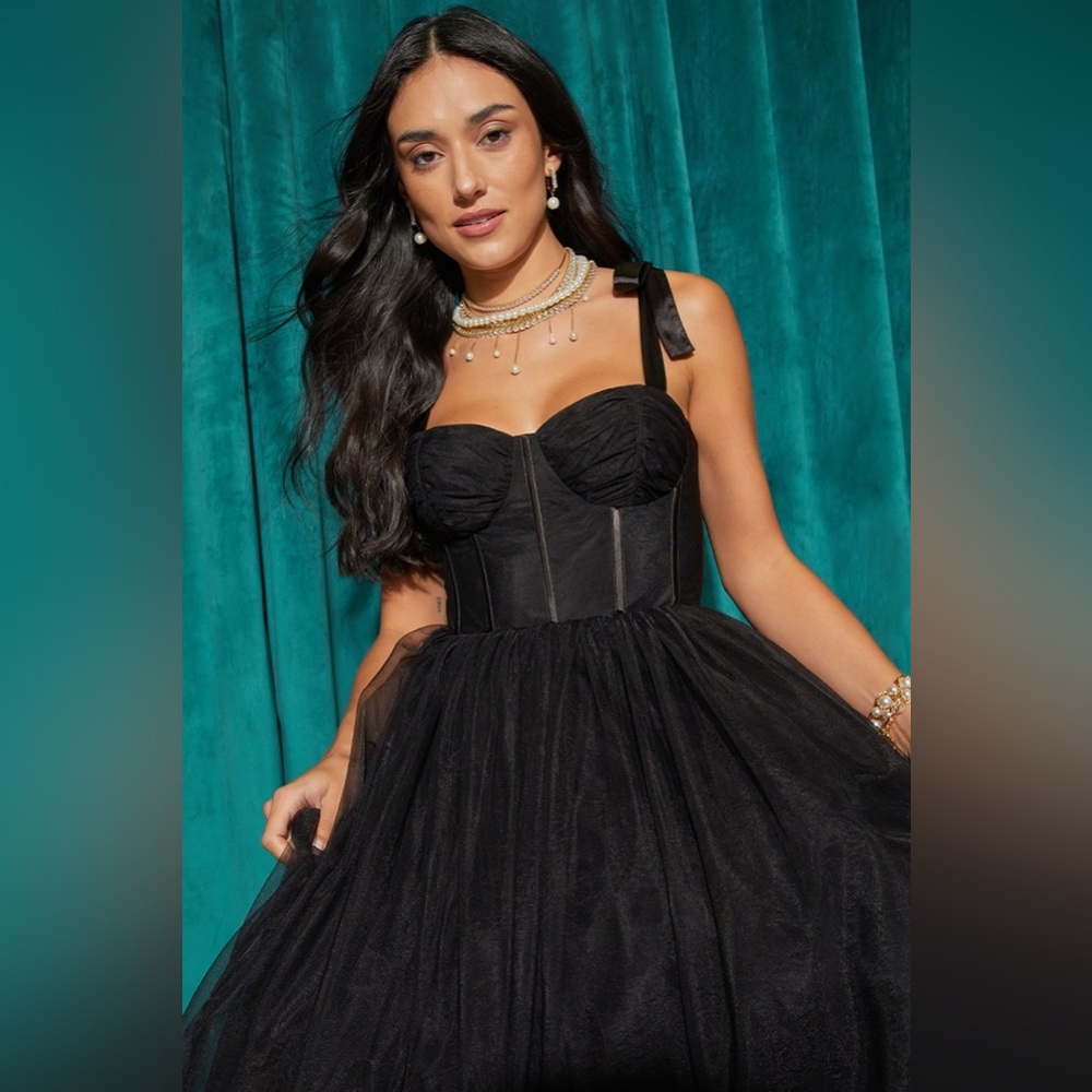 NWT Francesca’s Leah Tulle Bustier Maxi Dress Black Medium